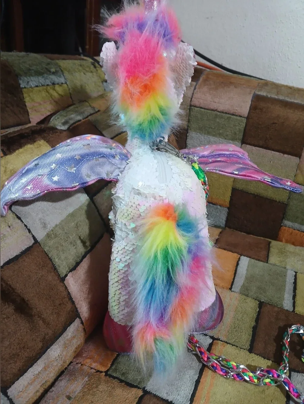 Sequin Rainbow Mane Unicorn Plush Crossbody Bag - White Rainbow